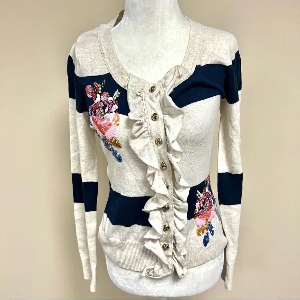 Boston Proper navy/cream striped beaded sweater XS
